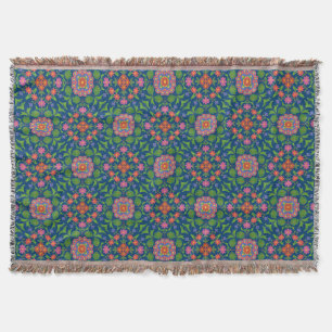 Chic Floral Rangoli on Deep Blue Throw Blanket