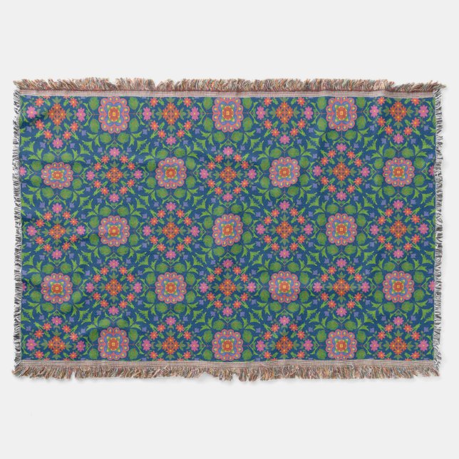 Chic Floral Rangoli on Deep Blue Throw Blanket (Front)