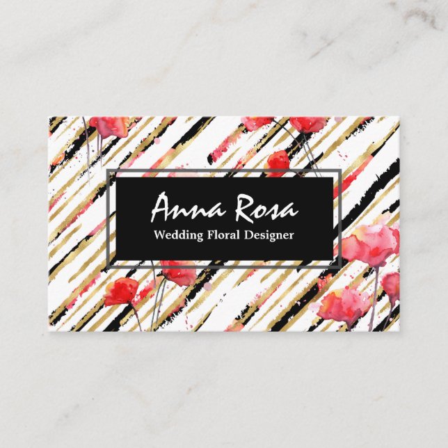 *~* Chic Floral Red Poppy Glitter Foil Black White Business Card (Front)