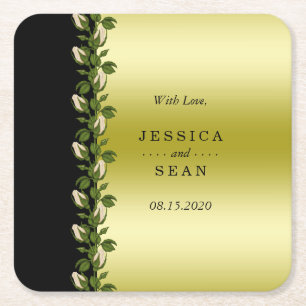 Chic Floral Romantic Gold & Black Wedding Favour Square Paper Coaster