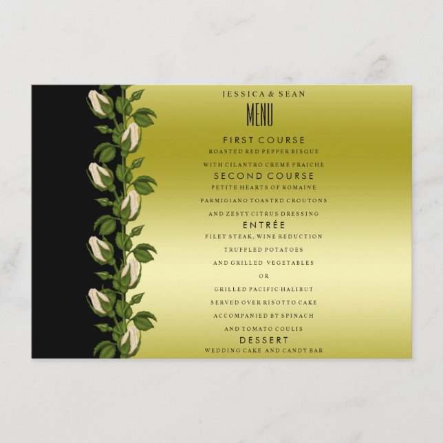 Chic Floral Romantic Gold & Black Wedding Menu (Front)