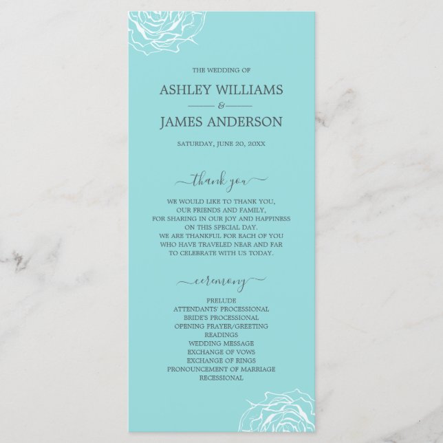 Chic Floral Rose Blue Simple Minimal Wedding Programme (Front)