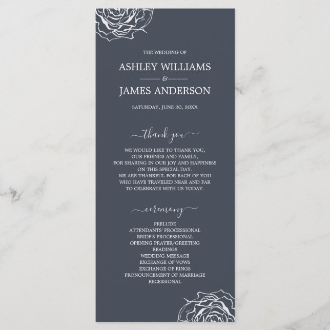 Chic Floral Rose Dark Blue Simple Minimal Wedding Programme (Front)