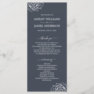 Chic Floral Rose Dark Blue Simple Minimal Wedding Programme