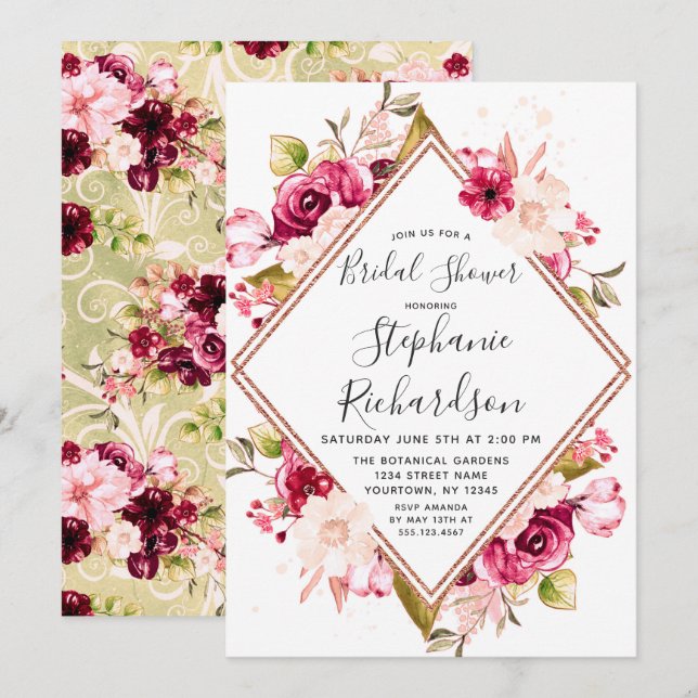 Chic Floral & Rose Gold Bridal Shower Invitation (Front/Back)