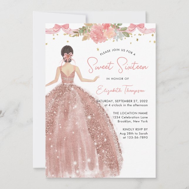 Chic Floral Rose Gold Dress Sweet 16 Birthday Invitation (Front)