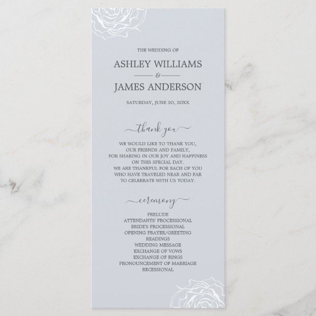 Chic Floral Rose Ice Blue Simple Minimal Wedding Programme (Front)