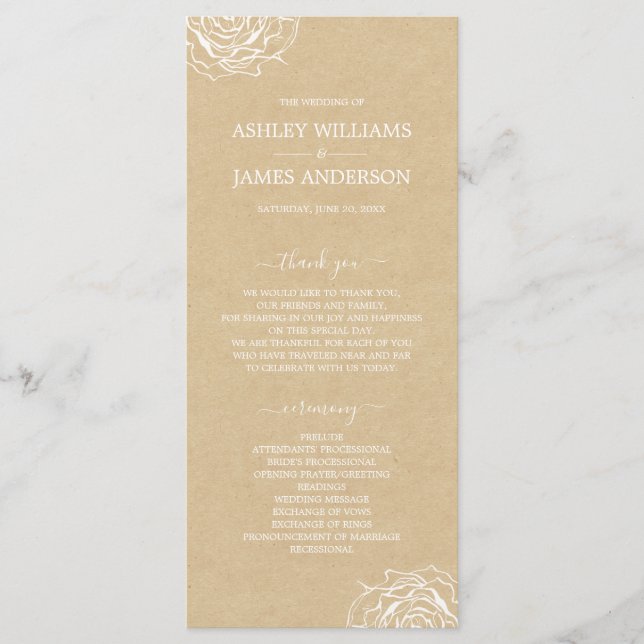 Chic Floral Rose Kraft Simple Minimal Wedding Programme (Front)