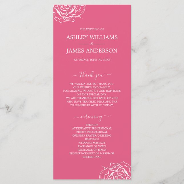 Chic Floral Rose Pink Simple Minimal Wedding Programme (Front)