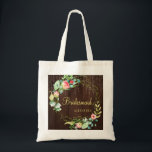 Chic floral rustic country wood wedding bridesmaid tote bag<br><div class="desc">Elegant rustic country floral wedding bridesmaid / maid of honour / flower girl fully editable text tote bag featuring a blush pink and coral red roses wreath with teal blue foliage and golden leaves and string of twinkle lights on dark brown barn wood backgroun. Ideal for floral rustic country spring,...</div>