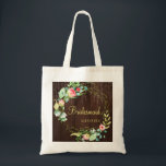 Chic floral rustic country wood wedding bridesmaid tote bag<br><div class="desc">Elegant rustic country floral wedding bridesmaid / maid of honour / flower girl fully editable text tote bag featuring a blush pink and coral red roses wreath with teal blue foliage and golden leaves and string of twinkle lights on dark brown barn wood backgroun. Ideal for floral rustic country spring,...</div>