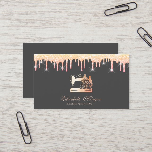 Chic Floral Sewing Machine Glitter Drips  Business Card (Front/Back In Situ)
