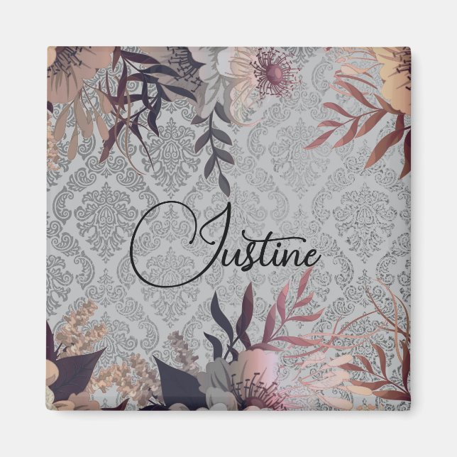 Chic Floral Silver Damask Personalised   Magnet (Front)
