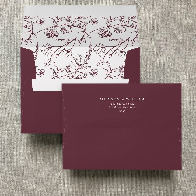 Chic Floral Sketch Text Burgundy Wedding Envelope (Creator Uploaded)