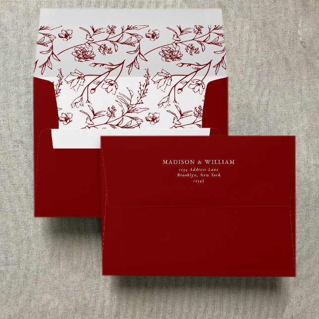 Chic Floral Sketch Text Deep Red Wedding Envelope (Creator Uploaded)