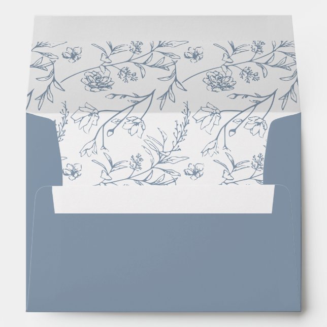 Chic Floral Sketch Text Dusty Blue Wedding Envelope (Back (Bottom))