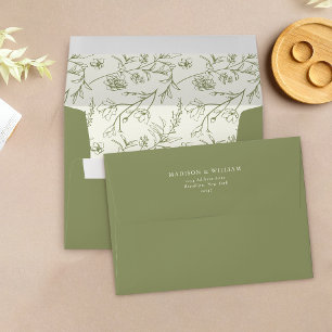 Chic Floral Sketch Text Moss Green Wedding Envelope