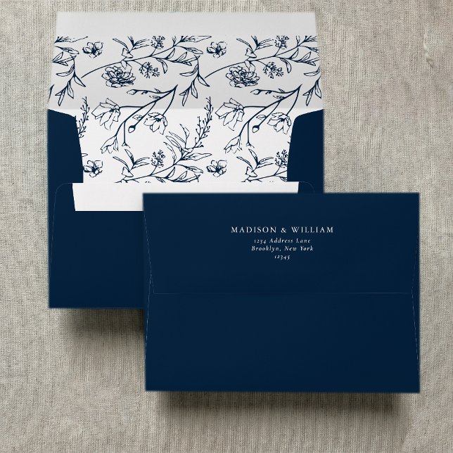 Chic Floral Sketch Text Navy Blue Wedding Envelope (Creator Uploaded)