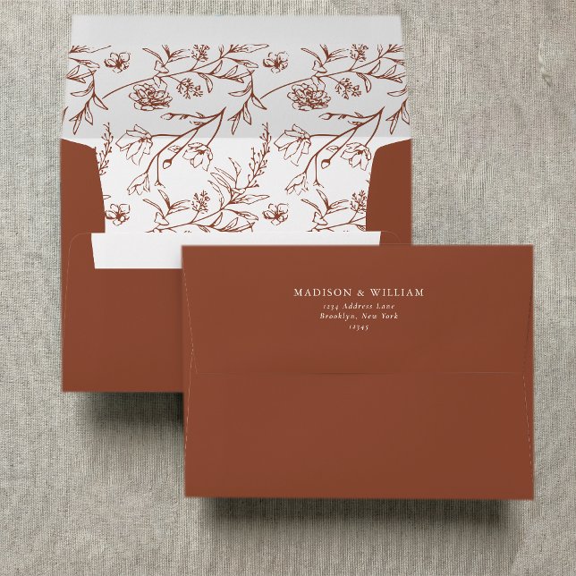 Chic Floral Sketch Text Terracotta Wedding Envelope (Creator Uploaded)