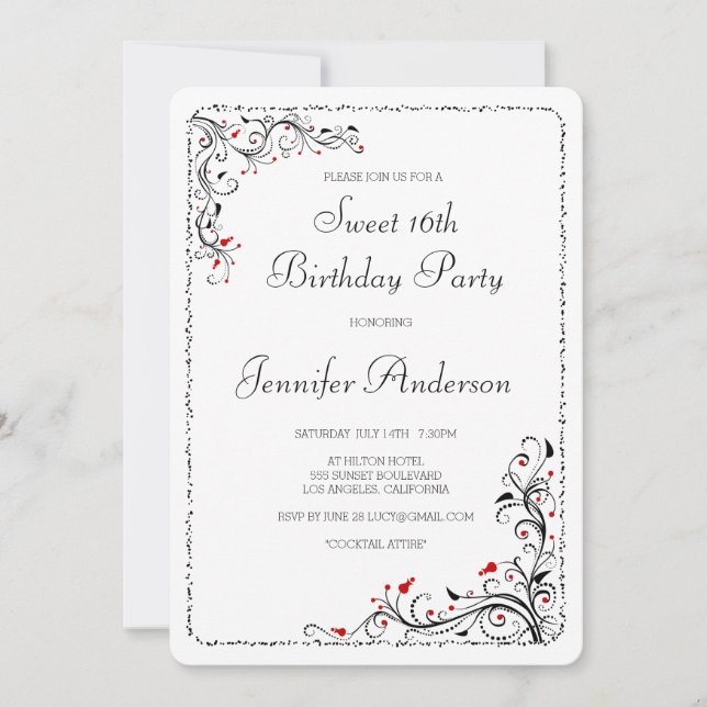 Chic Floral Swirls Sweet 16th/Her Birthday Party Invitation (Front)