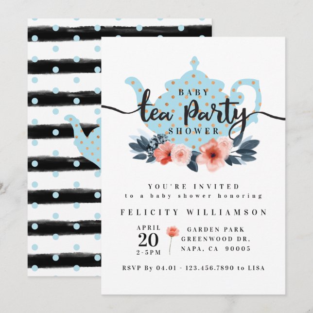 Chic Floral Tea Party Boy Baby Shower Invitation (Front/Back)