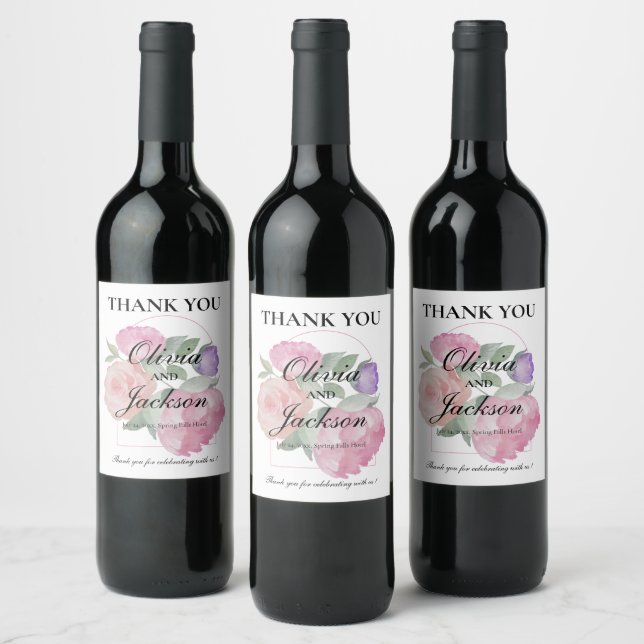 Chic Floral Thank You Wedding Wine Label (Bottles)
