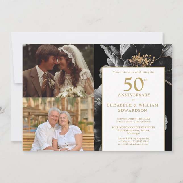Chic Floral Then And Now 50th Anniversary 2 Photo Invitation (Front)