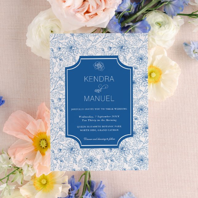 Chic Floral Toile French Blue Wedding Invitation (Creator Uploaded)