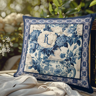 Chic floral vase Blue chinoiserie toile monogram Cushion