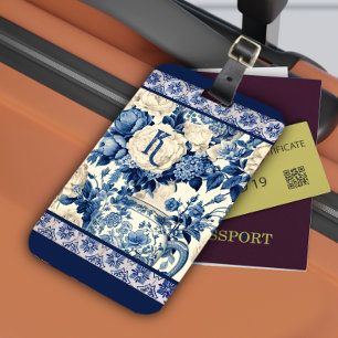 Chic floral vase Blue chinoiserie toile monogram Luggage Tag
