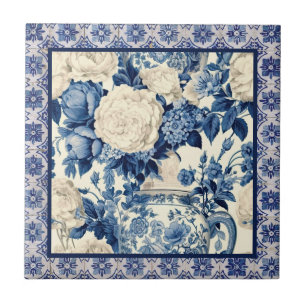 Chic floral vase Blue chinoiserie toile  monogram Tile