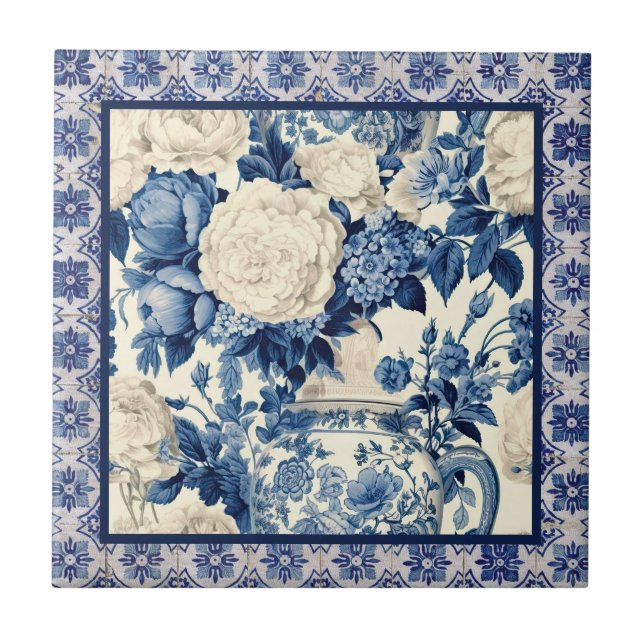 Chic floral vase Blue chinoiserie toile  monogram Tile (Front)