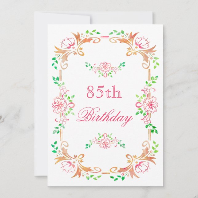 Chic Floral Watercolor 85th Birthday Double Sided Invitation (Front)