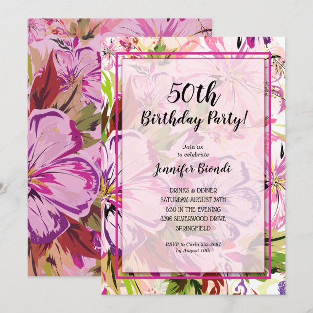 Chic Floral Watercolor Birthday Party Invitation (Front/Back)
