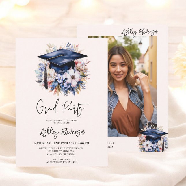 Chic Floral Watercolor Blue Graduation Cap Party Invitation (Floral Watercolor Blue Graduation Cap Party Invitation)