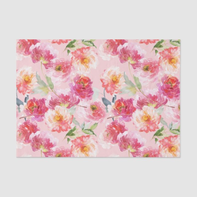 Chic Floral Watercolor Pink Peonies Pattern Tissue Paper (Front)