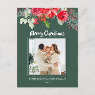 Chic Floral Watercolor Poinsettia Photo Christmas Holiday Postcard