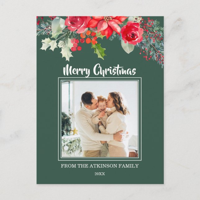 Chic Floral Watercolor Poinsettia Photo Christmas Holiday Postcard (Front)