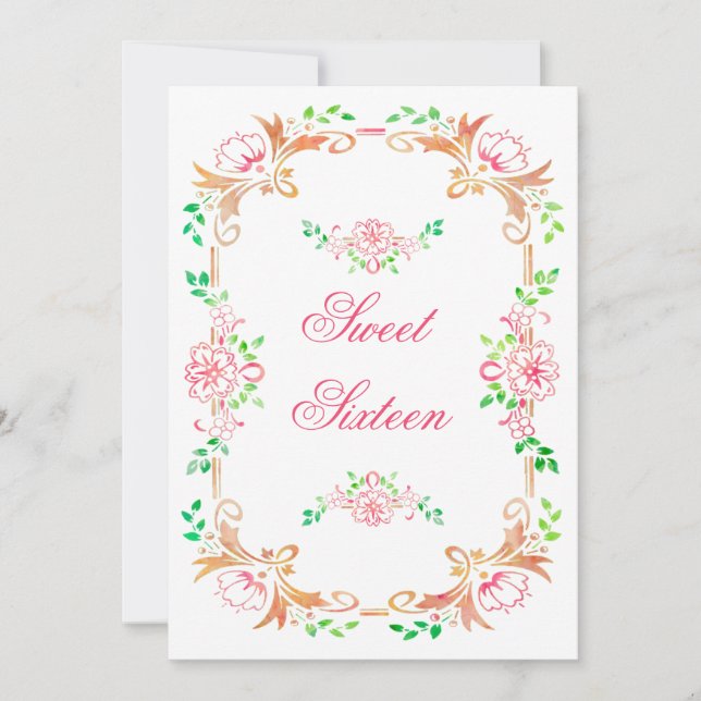 Chic Floral Watercolor Sweet 16 Double Sided Invitation (Front)