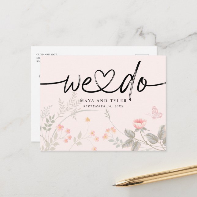 Chic Floral We Do Wedding Save The Date Announcement Postcard (Front/Back In Situ)