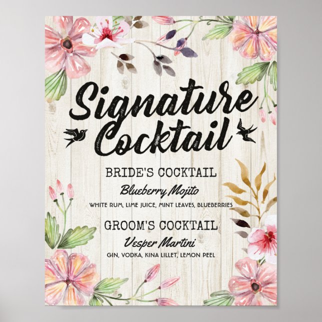 Chic Floral Wedding Signature Cocktail Drink Menu Poster (Front)