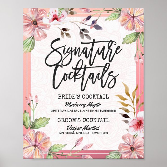 Chic Floral Wedding Signature Cocktail Drink Menu Poster (Front)