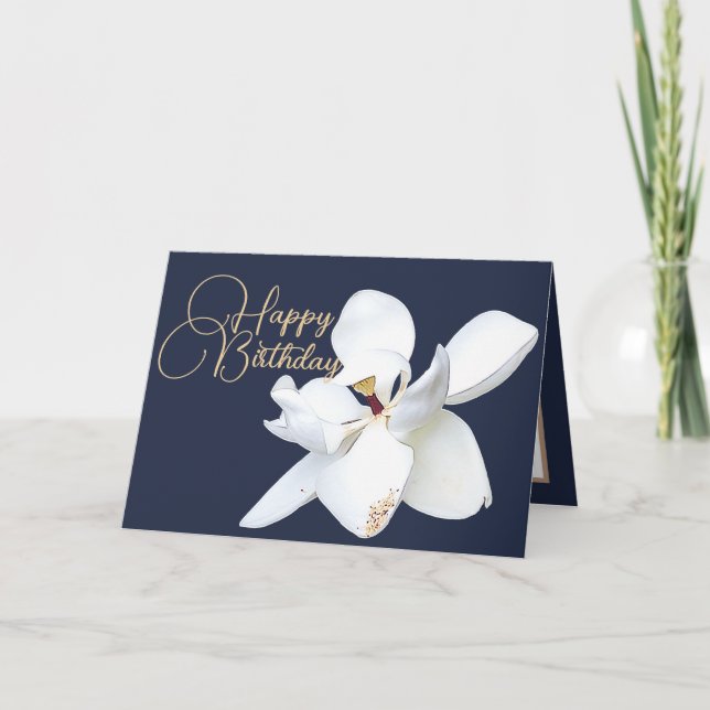 Chic Floral White Magnolia Flower Blue Birthday Card (Front)