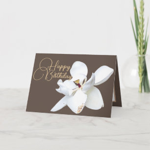 Chic Floral White Magnolia Flower Brown Birthday Card