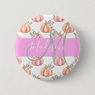 Chic Floral White Pink Peach Pumpkin Monogram Name 6 Cm Round Badge