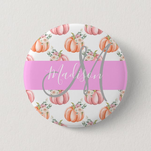 Chic Floral White Pink Peach Pumpkin Monogram Name 6 Cm Round Badge (Front)