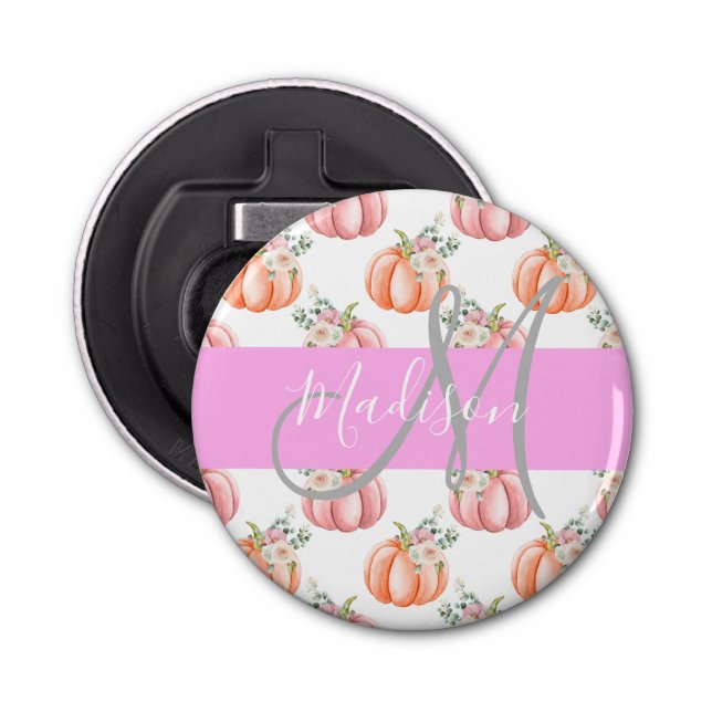 Chic Floral White Pink Peach Pumpkin Monogram Name Bottle Opener (Front)