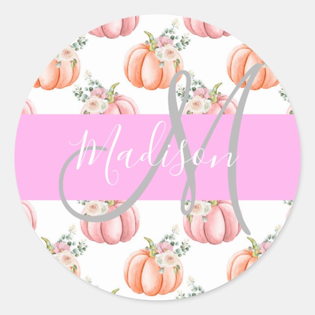 Chic Floral White Pink Peach Pumpkin Monogram Name Classic Round Sticker (Front)