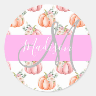 Chic Floral White Pink Peach Pumpkin Monogram Name Classic Round Sticker