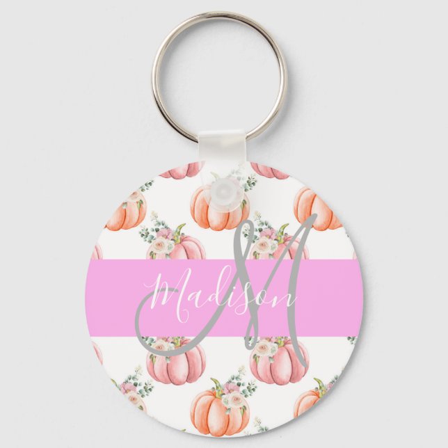 Chic Floral White Pink Peach Pumpkin Monogram Name Key Ring (Front)